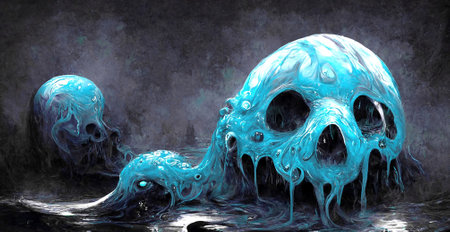 Creepy blue slime in the shape of a skull in poison. Halloween banner. high quality illustrationの写真素材