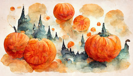 Watercolor illustration with spooky pumpkins of Halloween celebration. high quality illustrationの写真素材
