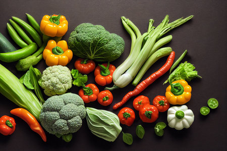 Different tasty vegetables on black rough background. top view. high quality illustrationの写真素材