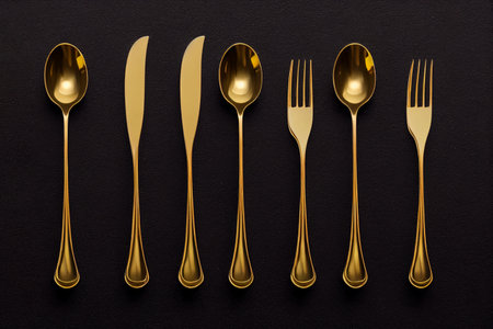 Set of stylish gold cutlery. Golden cutlery on dark background. top view. high quality illustrationの写真素材