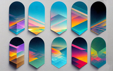 Abstract mountains or lines in different colors. Holographic stickers and labels