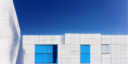 Facade of a white modern building under a blue clear sky. high quality illustrationの写真素材