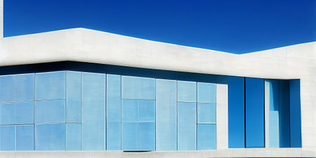 Facade of a white modern building under a blue clear sky. high quality illustration