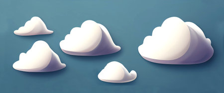 White clouds set isolated on a blue background. Cartoon clouds icon.の写真素材