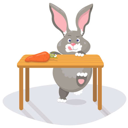 Illustration of a gray rabbit near a table trying to get a mock.のイラスト素材