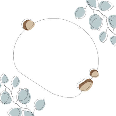 Postcard template design, linear eucalyptus leaves, chestnuts with colored spots, minimalist style.のイラスト素材