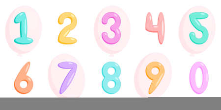 Baby air numbers 0-9. Vector illustration, a set of multicolored bright numbers for inscriptions.のイラスト素材