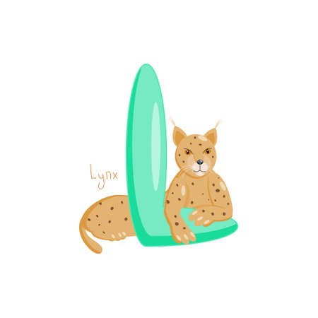 Letter L. Childrens alphabet, cute lynx. Vector illustration for learning English.のイラスト素材