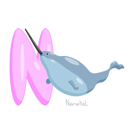 Letter N. Childrens alphabet, cute narwhal. Vector illustration for learning English.のイラスト素材