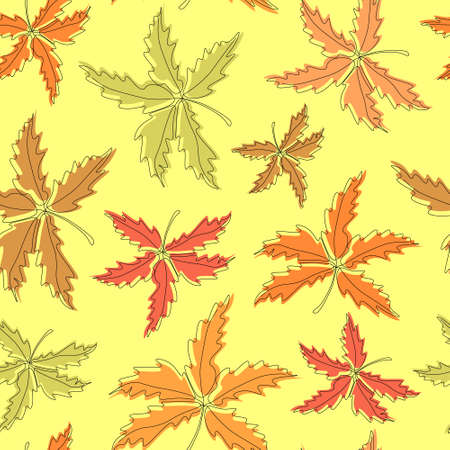 Pattern of autumn bright leaves in warm orange shades on a yellow background.のイラスト素材