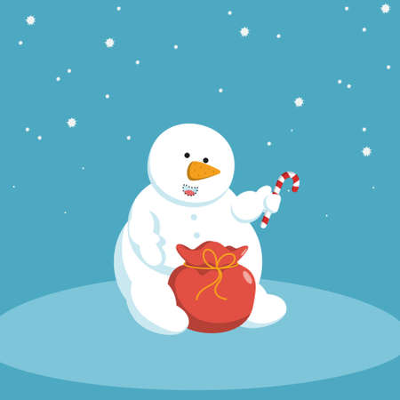 White snowman sits with red christmas bag and lollipop in hand.のイラスト素材