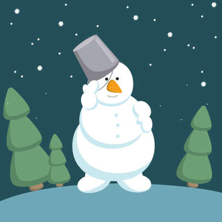 Snowman with a bucket on his head and a carrot nose on a hill with Christmas trees.のイラスト素材