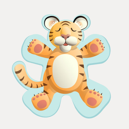 A cute tiger character lies in the snow leaving a trail of an angel. Vector flat style with gradient.のイラスト素材