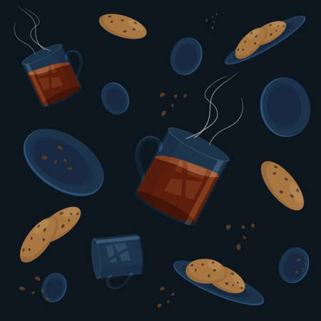 Glass glasses with hot tea, saucers with chocolate chip cookies. Flat style, dark blue background. Elements for web design. vector illustrationのイラスト素材