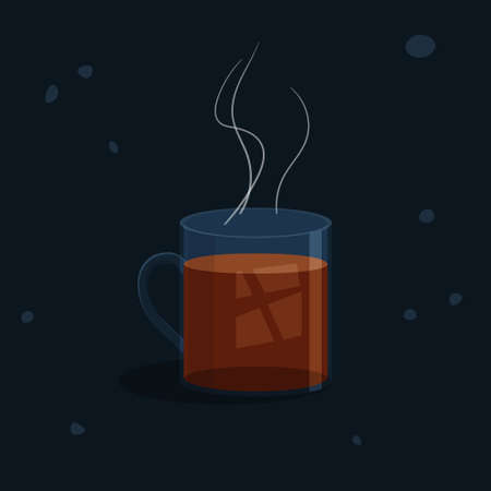 Glass cup with hot tea. Flat style on dark blue background. Elements for web design. Vector illustrationのイラスト素材