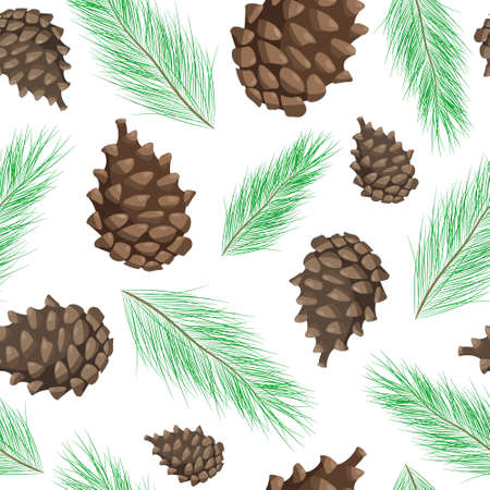 Pattern green pine branches with brown cones. Vector illustrationのイラスト素材