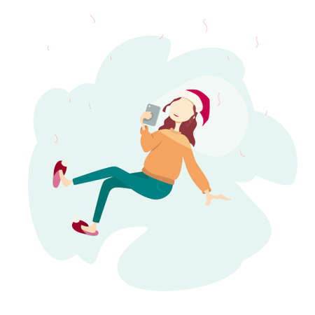 Girl in a Christmas hat with a mobile phone in her hand is flying in the clouds.のイラスト素材