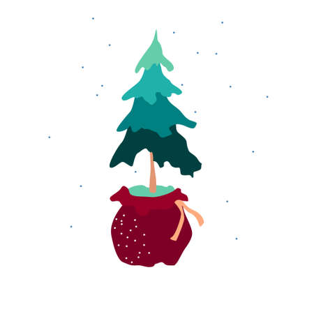 Christmas green tree in a red bag, for backgrounds and greeting cards.のイラスト素材