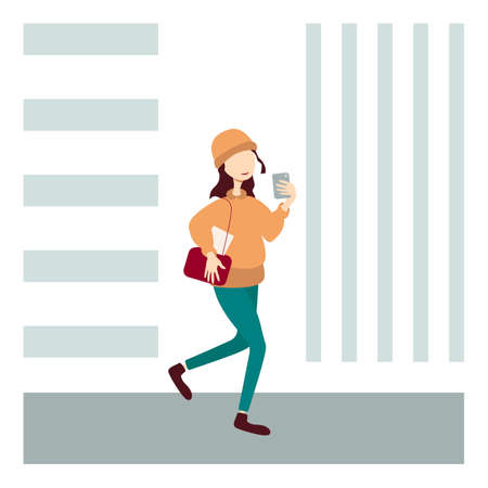 The girl walks with a phone in her hand and a bag on her shoulderのイラスト素材