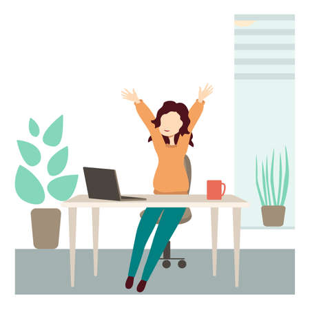 The girl sits in the office at the desk and stretches.のイラスト素材