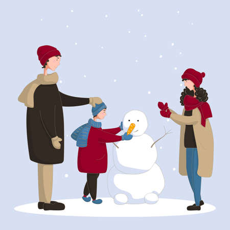Family a girl and a man with their son make a snowman on a snowy day. Vector illustrationのイラスト素材