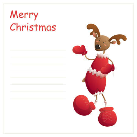 Greeting christmas card with lines for signature and merry dancing deer. Vector illustrationのイラスト素材