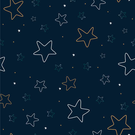 Seamless picture pattern with stars of white, yellow and blue color on a dark sky background.のイラスト素材