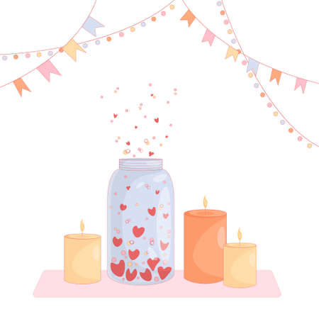 Postcard in gentle colors with garlands, flags and confetti, hearts in a jar for Valentines Day and burning candles.のイラスト素材