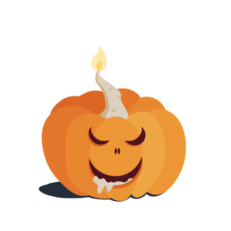 Orange Halloween pumpkin with burning candle and flowing wax, carved evil face. Isolated vector picture on a white backgroundのイラスト素材
