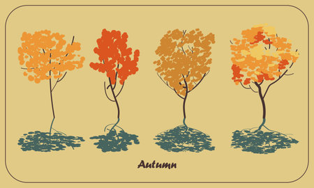Set of four trees in autumn season with orange, gold and red leaves, minimalistic understated illustration isolated vector small trees with shadow on yellow background.のイラスト素材