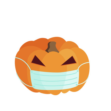 Autumn illustration of an orange pumpkin with carved triangular evil eyes for Halloween in a medical blue mask. Isolated vector picture on a white background.のイラスト素材