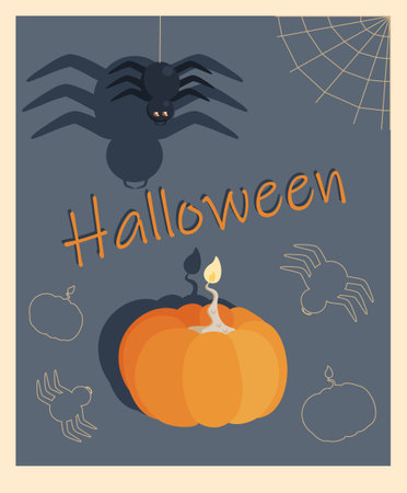 Halloween theme autumn card with pumpkin, spider and web and inscriptions. Isolated vector image on a gray and beige background..のイラスト素材