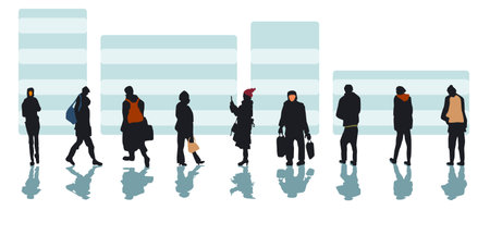 Set of nine silhouettes of different people with colored silhouettes of bags, briefcases, clothes or faces. Isolated vector illustration with blue shadow on white background and buildings background.のイラスト素材