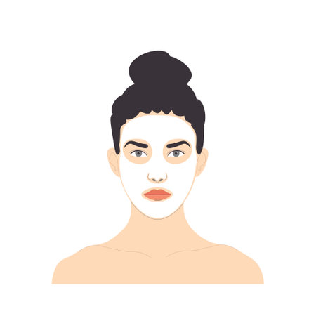 Cosmetic facial care, woman with tied hair with white mask on face, vector isolated on white backgroundのイラスト素材