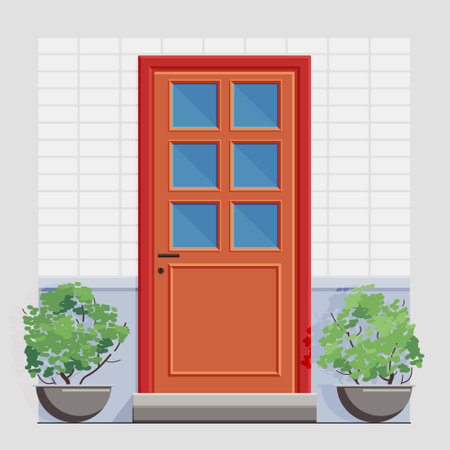 The entrance door is orange with small windows, a handle and a lock. Stairs to the door and a brick wall near which there are pots of plants. Vector illustration isolated on gray background.のイラスト素材