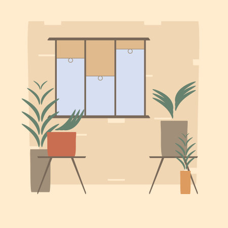 Illustration on the theme of vegetation, flowers in pots in brown, orange and red colors. Minimalist style room with a window, pattern for backgrounds..のイラスト素材