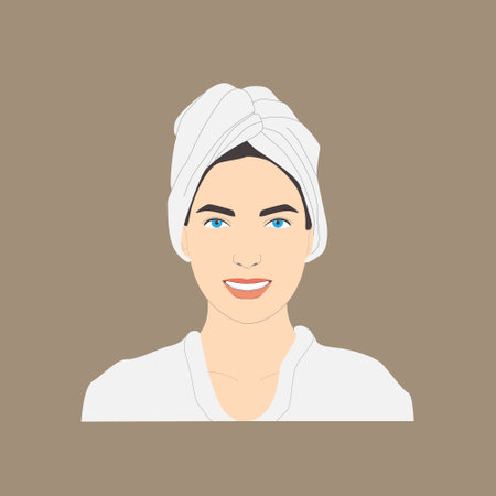 Cosmetic face care, smiling woman with a towel on her head and in a bathrobe has a clean face, vector isolated on white background.のイラスト素材