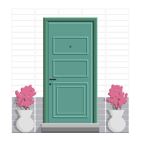 The green entrance door is classic with a handle and a lock. The stairs to the door and the tile on the wall next to which there are pink plants in pots. Vector illustration isolated on gray backgrounのイラスト素材