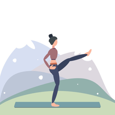 A woman in the mountains does yoga in a standing position with her leg raised. Can be used for poster, banner, postcard.のイラスト素材