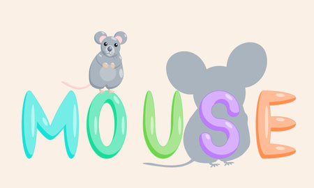 A cartoon mouse character of an educational nature with the name of the animal. Isolated vector illustration.のイラスト素材