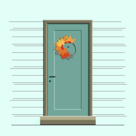 A wreath of orange and yellow autumn maple leaves with red berries hangs on a blue door, vector illustration isolated on a light blue background.のイラスト素材