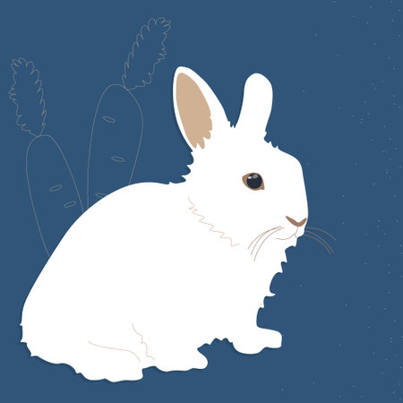 A white fluffy rabbit with long ears is sitting. Bunny with carrots. Illustration vector isolated isolated on dark blue background.のイラスト素材