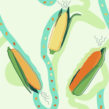 Pattern minimalist linear illustration, gradient corn cob with green leaves and kernels. Food and design element.のイラスト素材