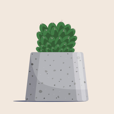 A round cactus in a cylindrical pot of gray concrete. Interior design element, vector isolated.のイラスト素材