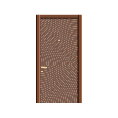 The entrance door is light brown in color with twisted linear patterns, the handle and eye are golden. Vector illustration isolated on white background.のイラスト素材