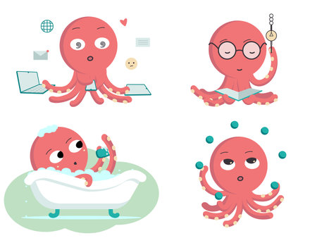 A set of four pictures of red octopus characters bathing, reading, juggling and working. Colored vector flat illustration isolated on white background.のイラスト素材