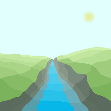 The picture of the river in the valley is made with a gradient. Vector illustration isolated for manamanal backgrounds.のイラスト素材