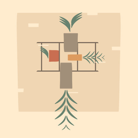 Illustration on the theme of vegetation, flowers in pots in brown, orange and red colors. Minimalistic style with linear ladder elements, pattern for backgrounds.のイラスト素材