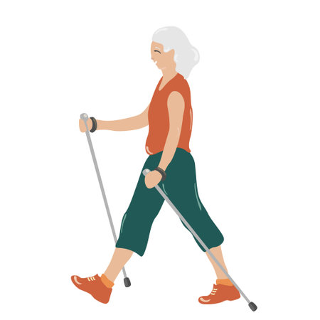 Old woman doing Nordic walking, old man doing sports with sticks, side view. Useful outdoor active recreation, flat vector illustration on white background.のイラスト素材