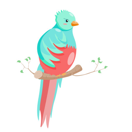 Cartoon bird quetzal character on tree branch with leaves on white background with shadow, vector isolated.のイラスト素材